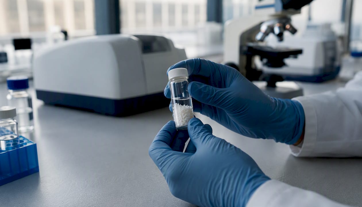 Hands holding peptide salt vial with lab instruments