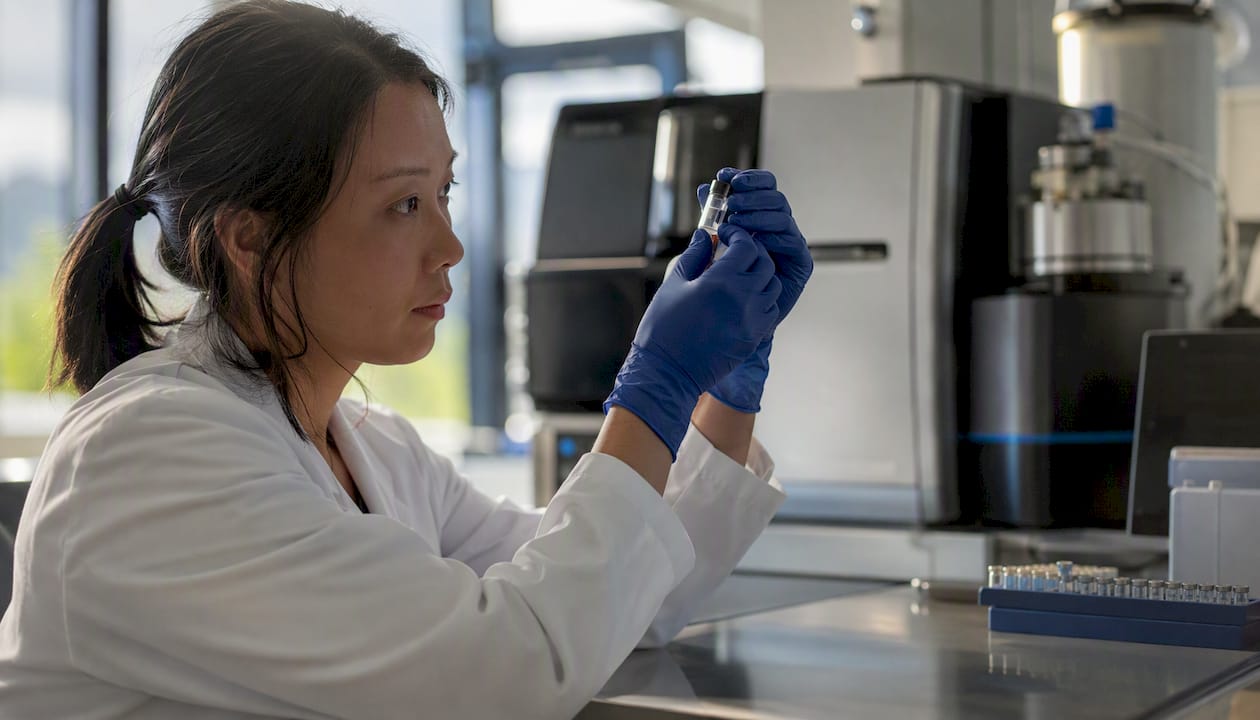 Scientist validating peptide modifications using LC-MS/MS