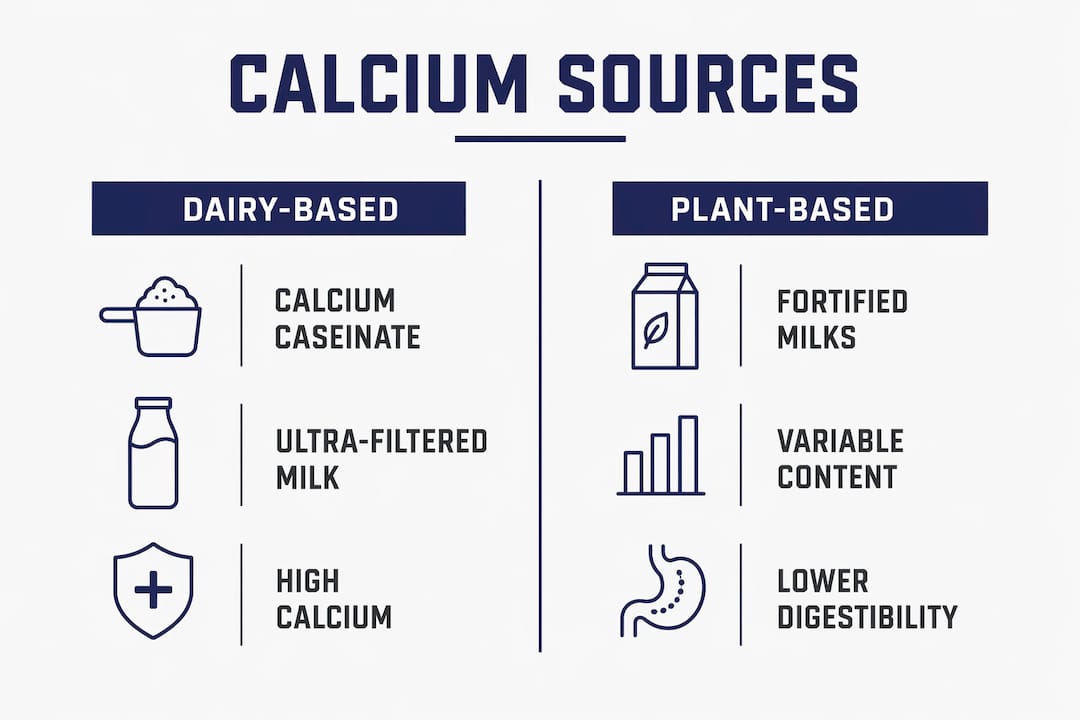 Infographic comparing dairy and plant-based calcium sources in shakes