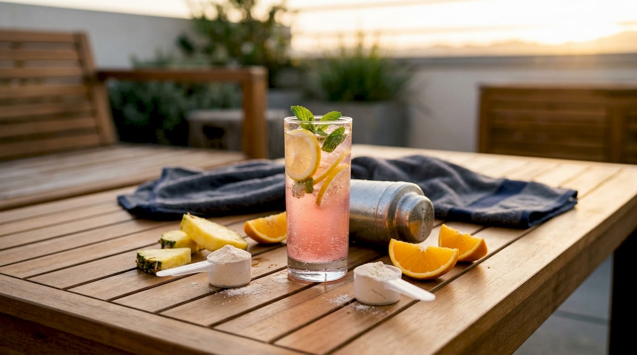 Overhead view of sparkling fruity protein drink setup