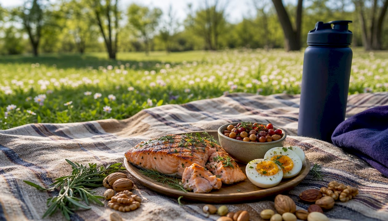 Close-up of brain-friendly protein foods on table