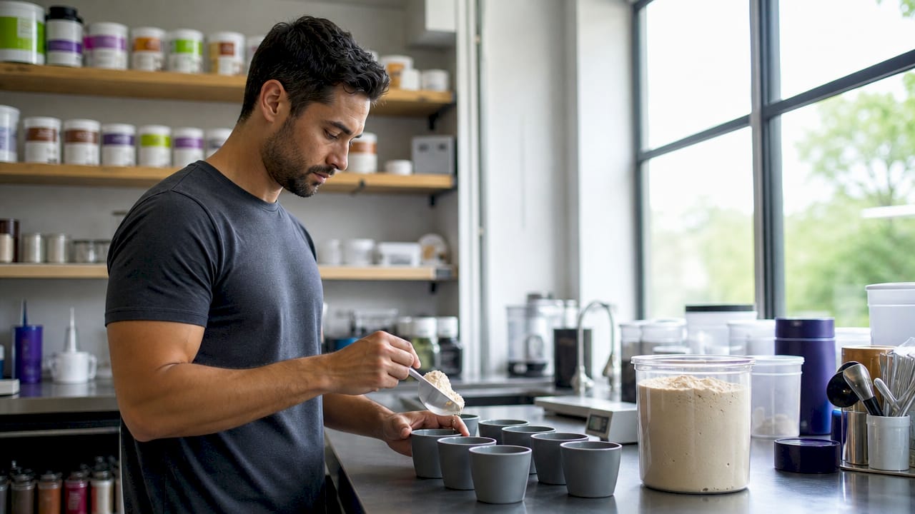 Close-up hands measuring protein powder samples