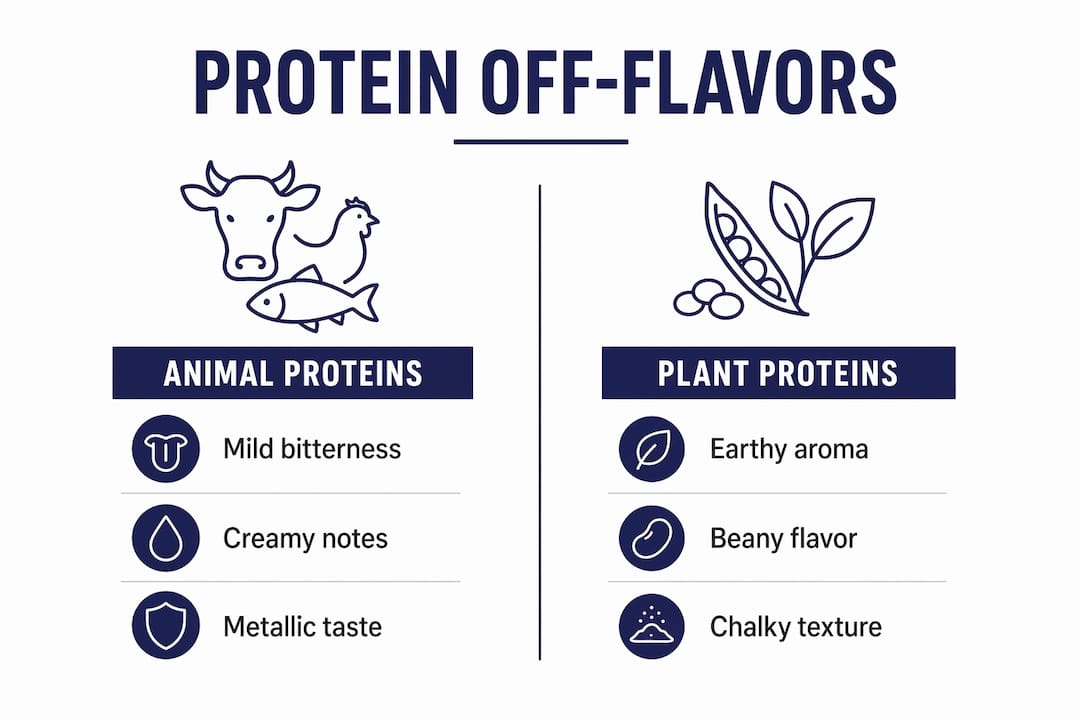 Infographic comparing animal and plant protein off-flavors