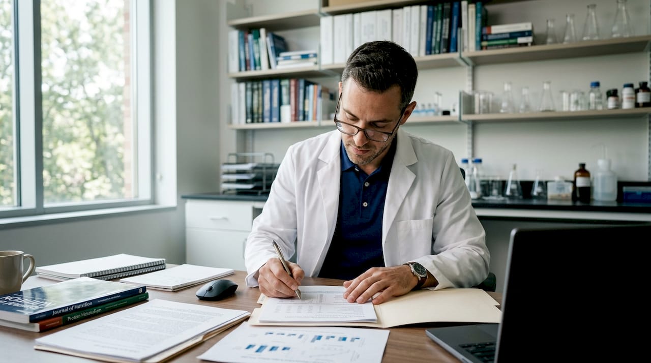 Scientist reviewing protein intake clinical trial data