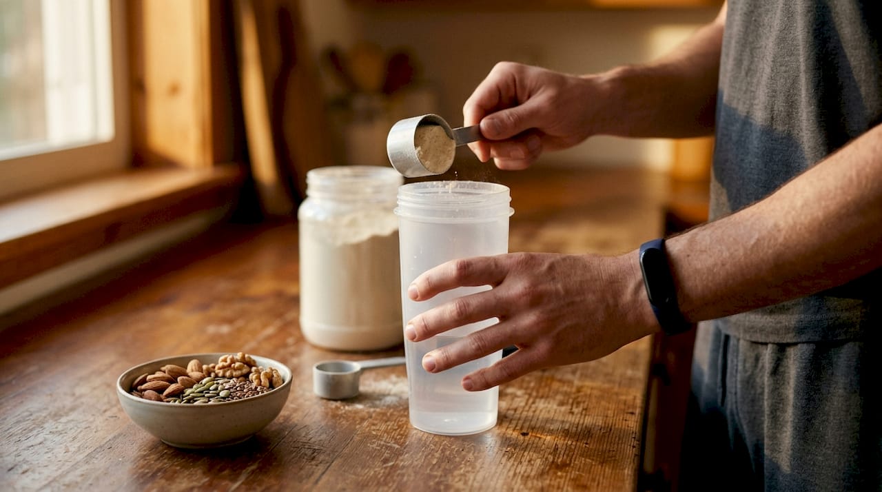 Hands measuring protein powder scoop