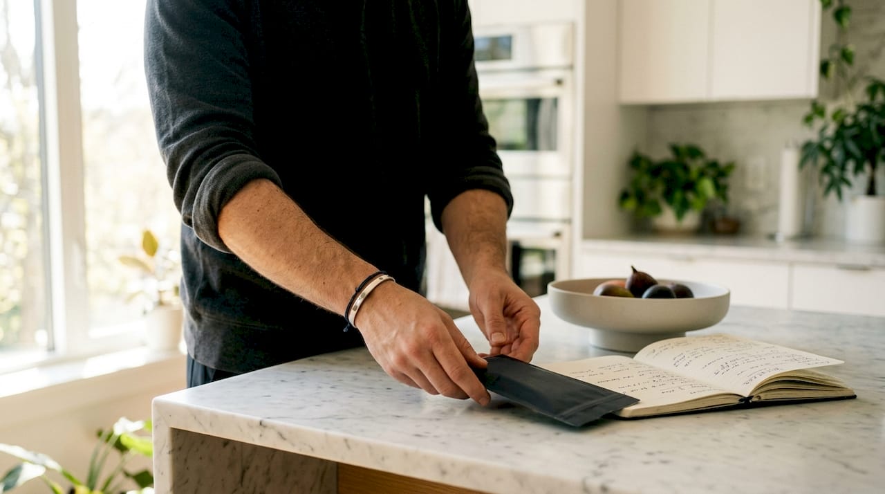 Hands placing nootropic pouch on office desk