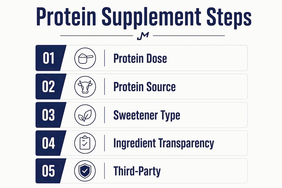 Infographic outlining steps to choose low sugar protein supplements