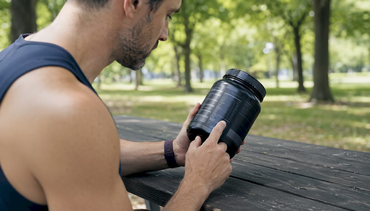 Hands pointing to protein supplement ingredient list in gym setting