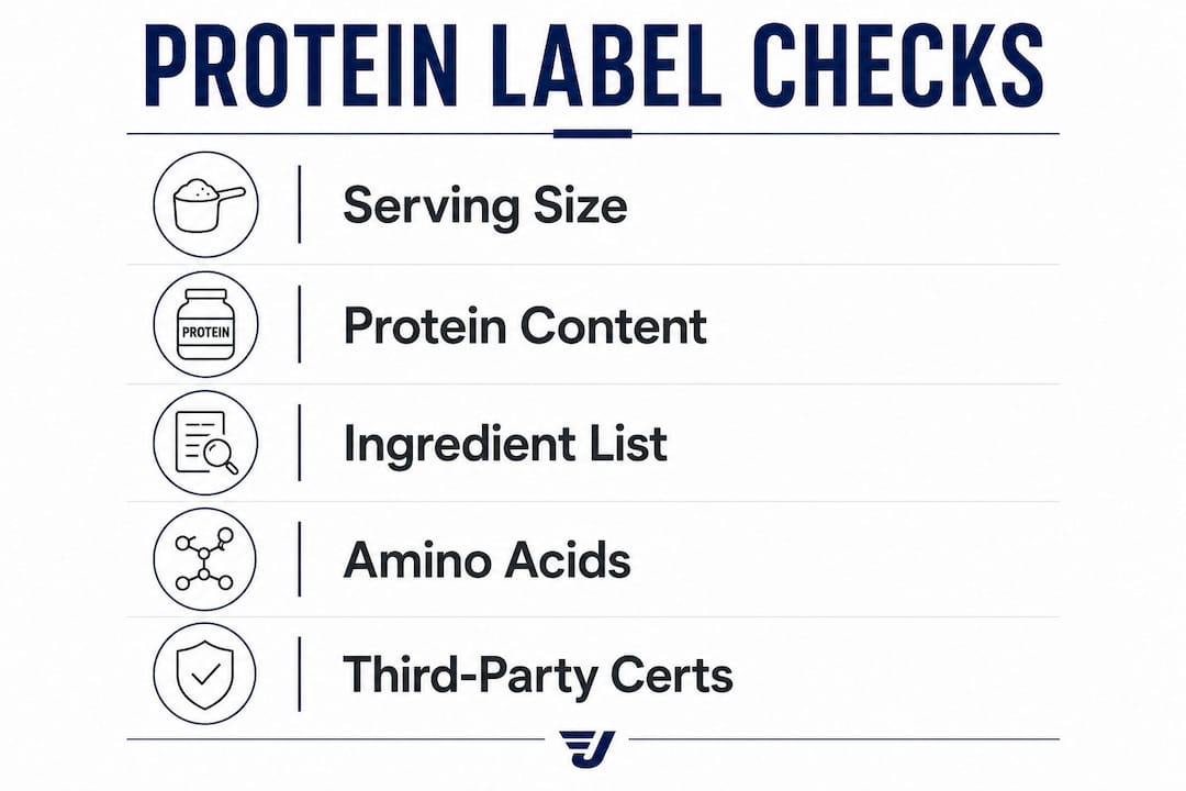 Infographic illustrating key steps to check protein supplement labels