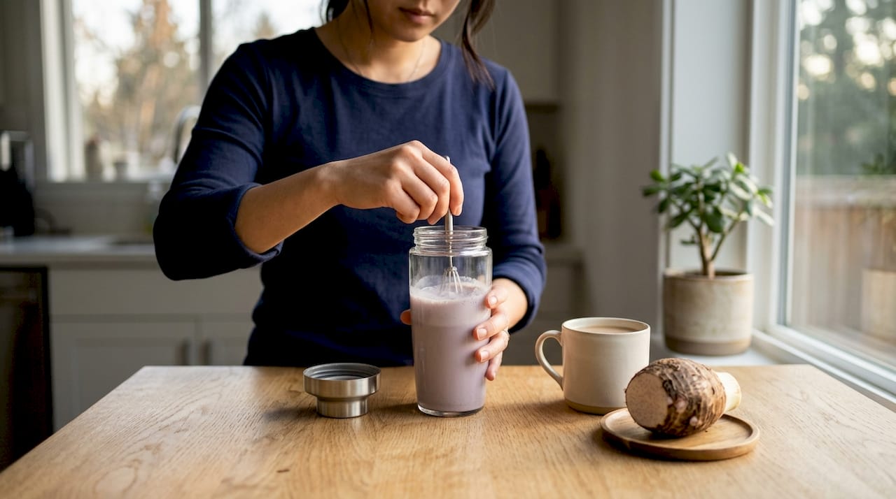 Hands mixing taro milk tea protein shake