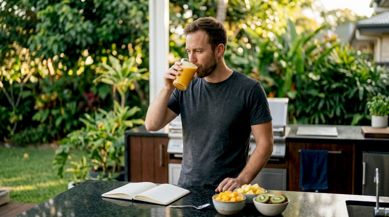 Nutritionist tasting tropical protein shake outdoors