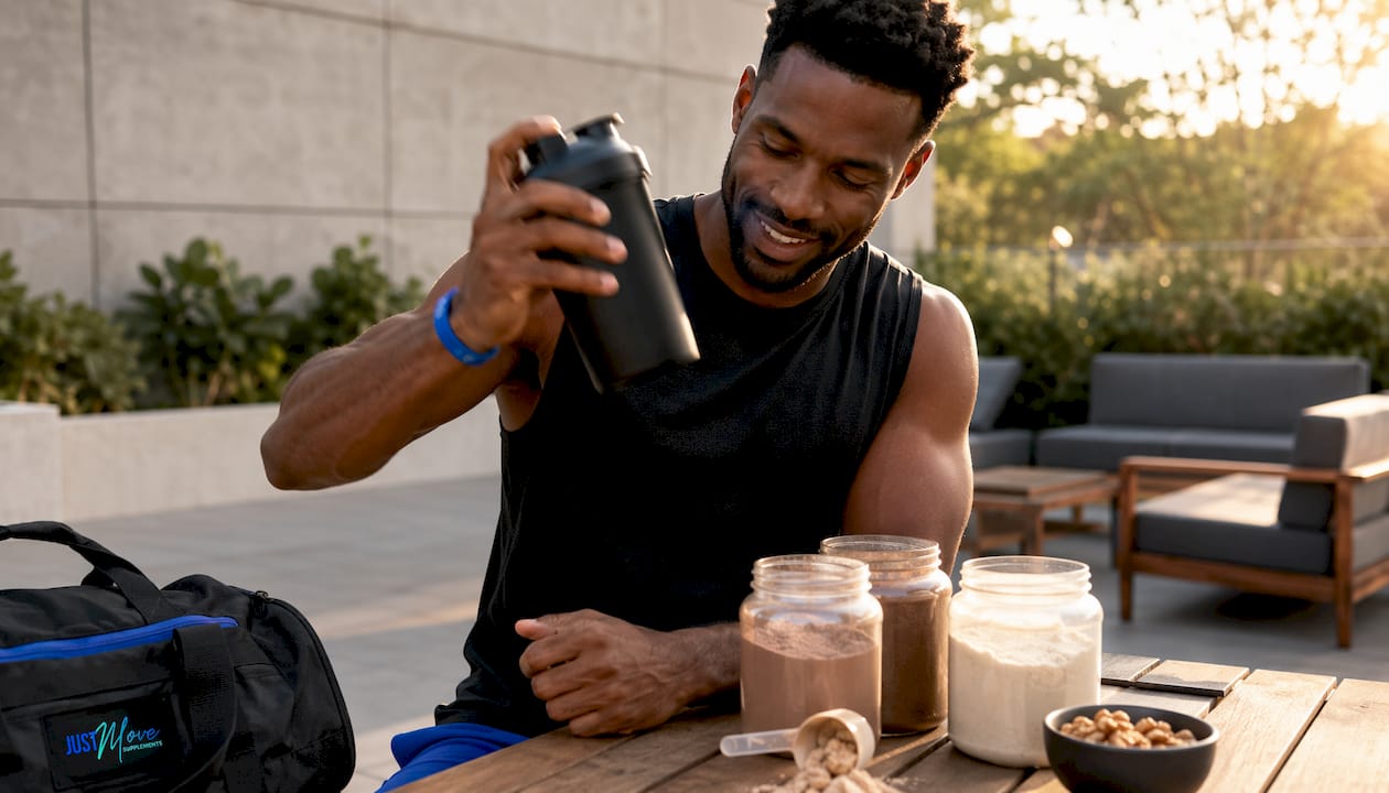 Hands mixing layered protein powder in shaker bottle