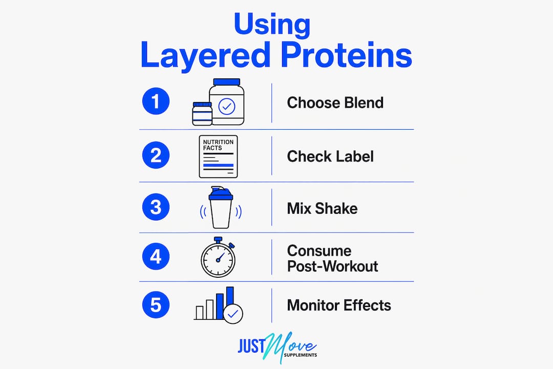 Infographic showing steps to use layered protein powder effectively