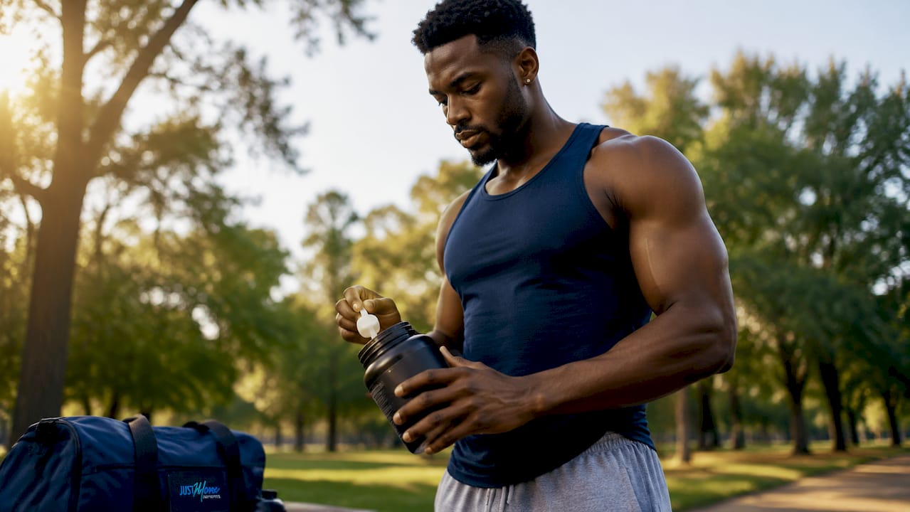 Black male athlete preparing pre-workout supplement