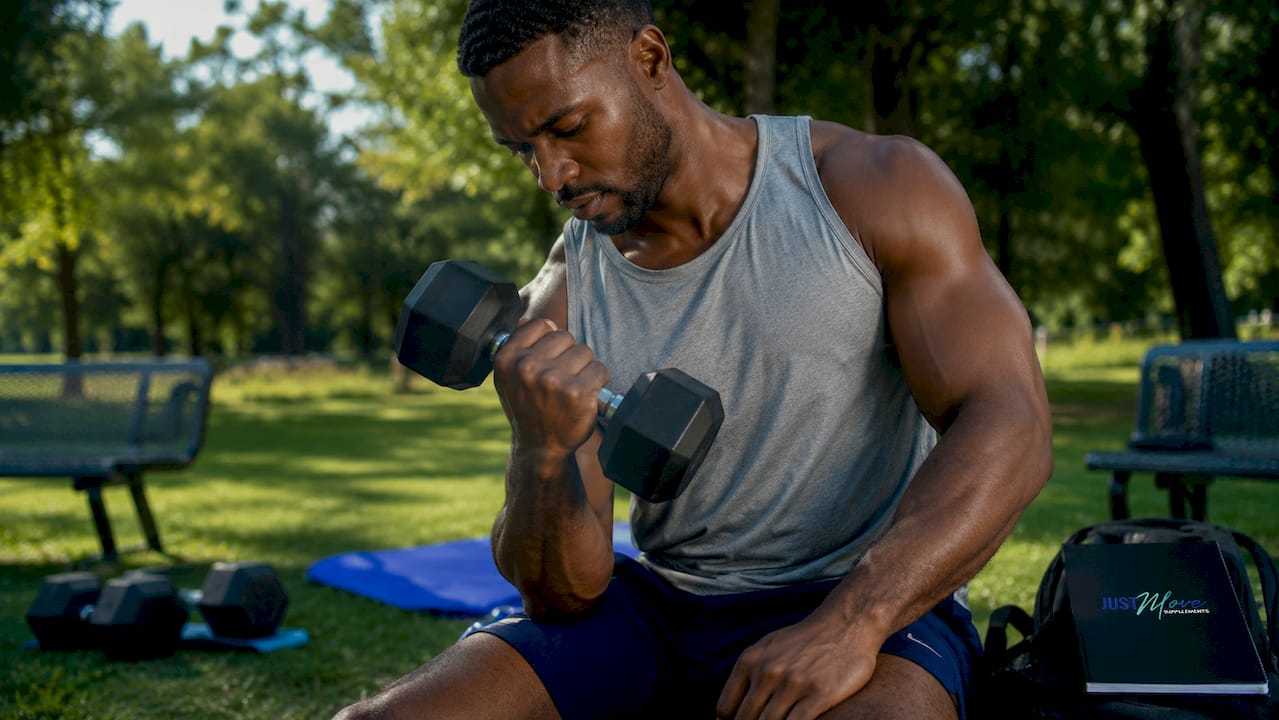 Black male athlete doing dumbbell curls in gym