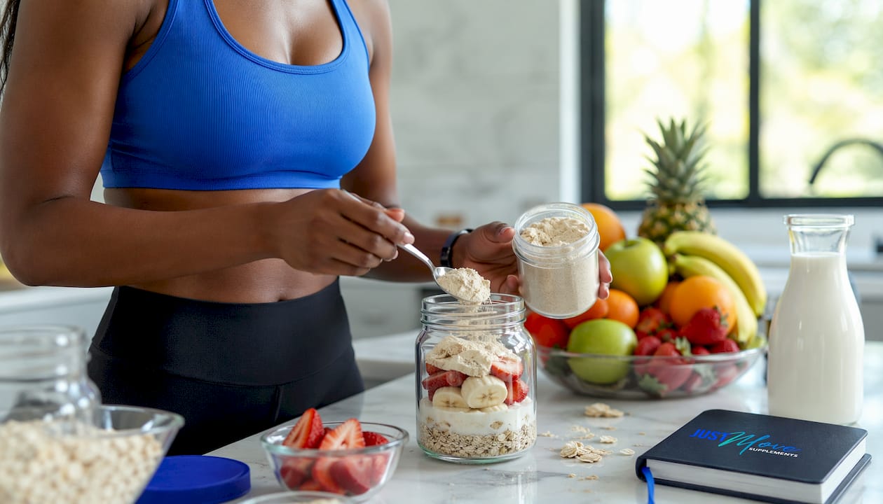 Overhead view hands sealing overnight protein oatmeal jar