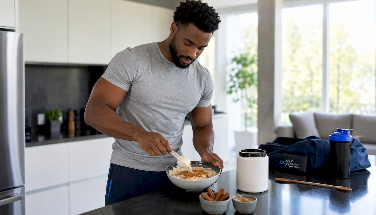 Hands mixing protein powder into oatmeal with cinnamon