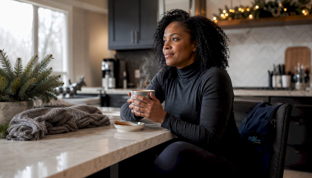 Black woman enjoying hot winter protein drink indoors