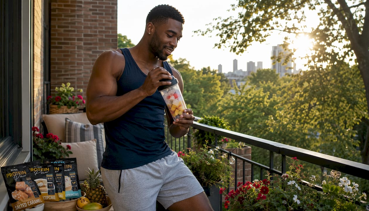Black man mixing tropical protein shake outdoors