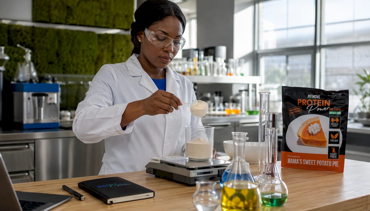 Black female scientist measuring protein powder in lab