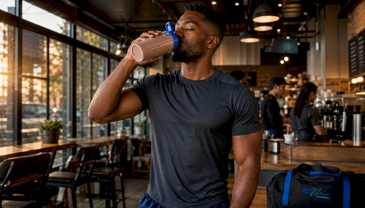 Athletic Black man drinking protein shake outdoors