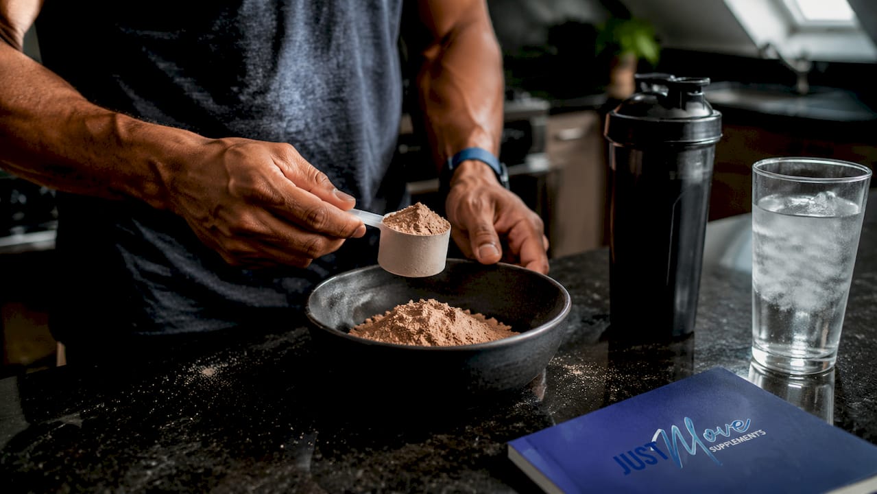 Close-up of hands measuring protein powder