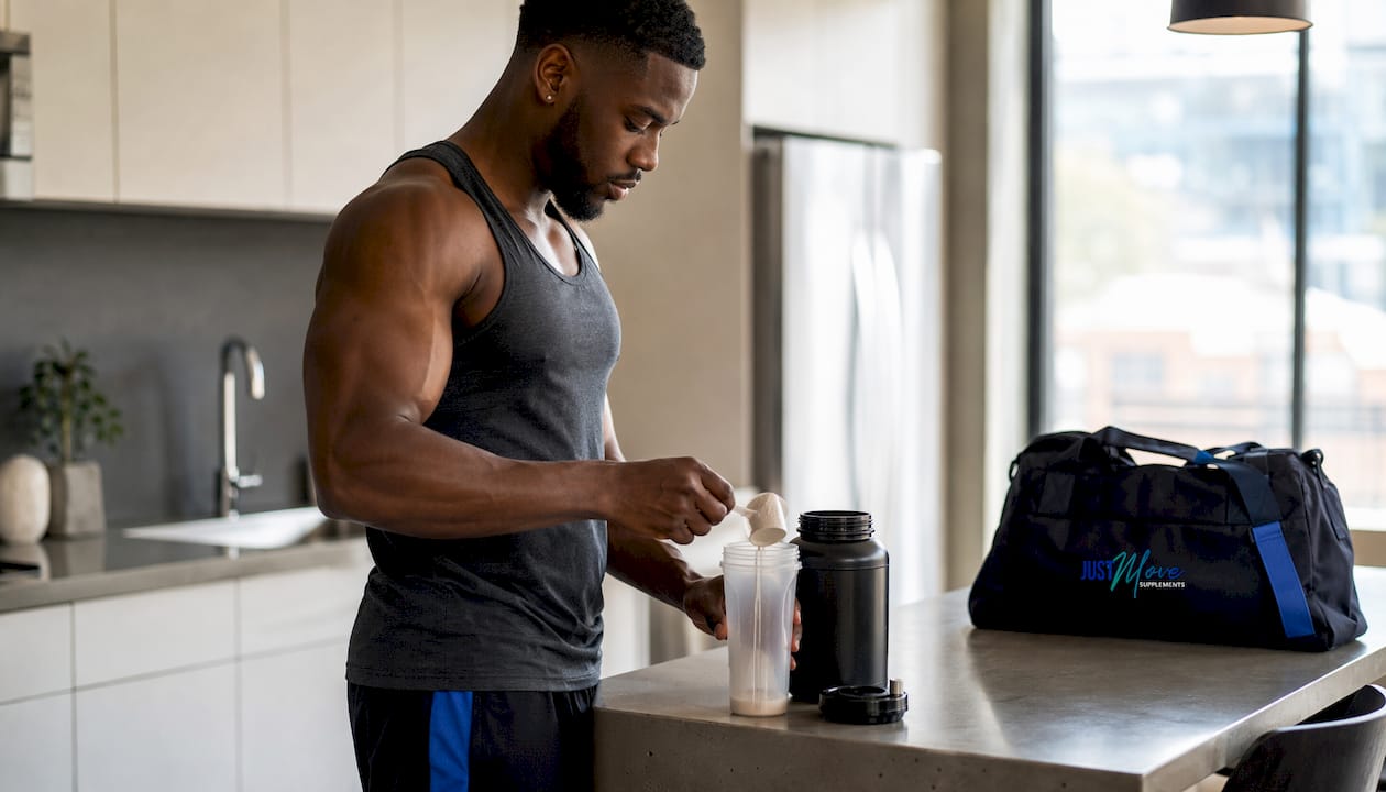 Black man scooping protein powder into shaker