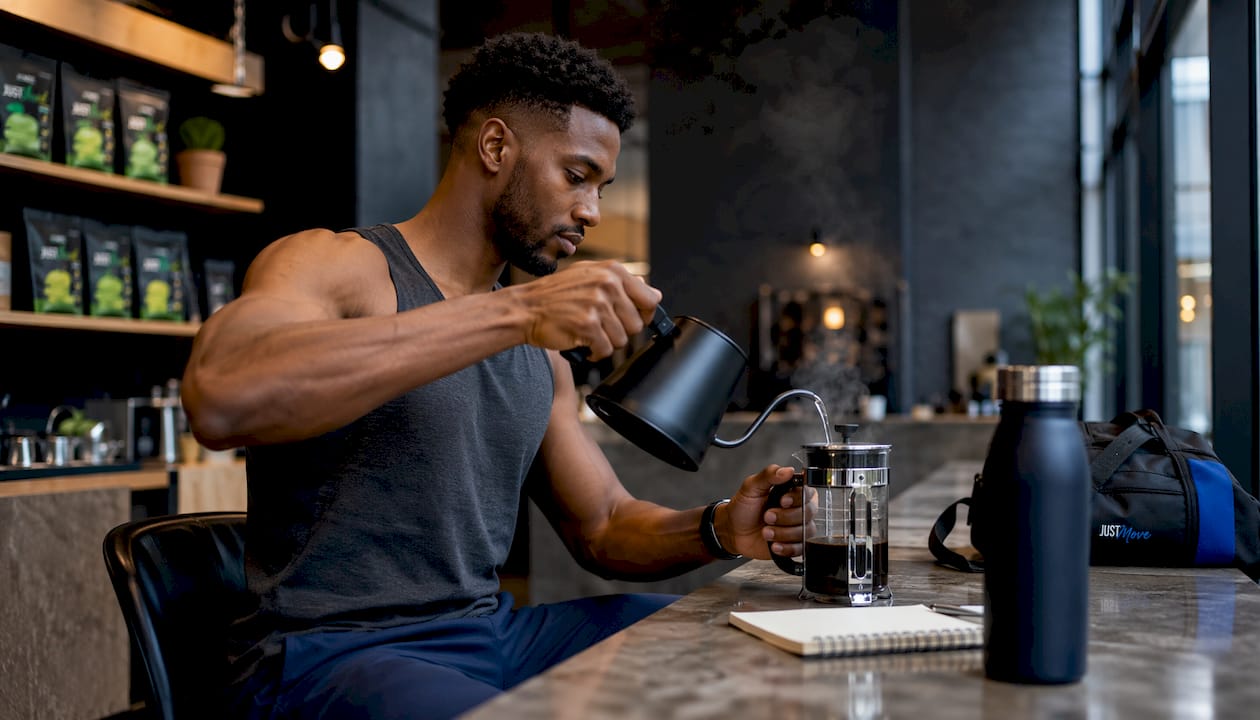 Man making coffee at home office desk