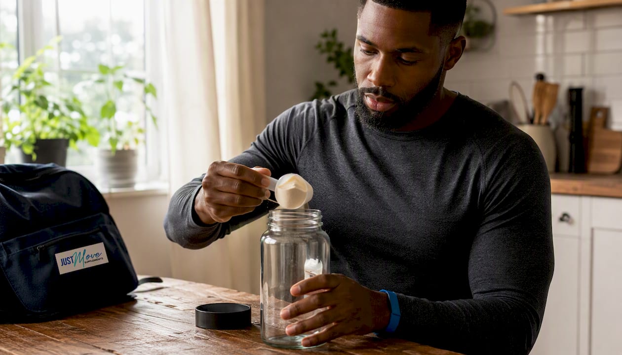 Hands measuring amino acid powder on scale