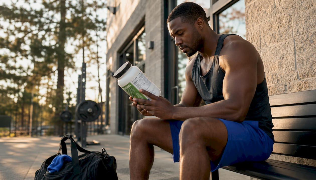 Black male athlete reading protein label outdoors