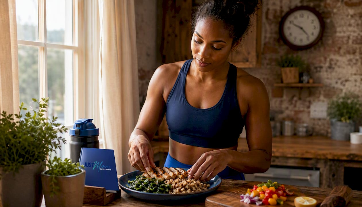 Black female athlete preparing post-workout meal in kitchen
