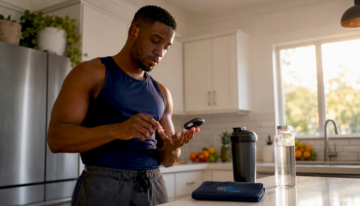 Black man measuring blood sugar after shake at desk