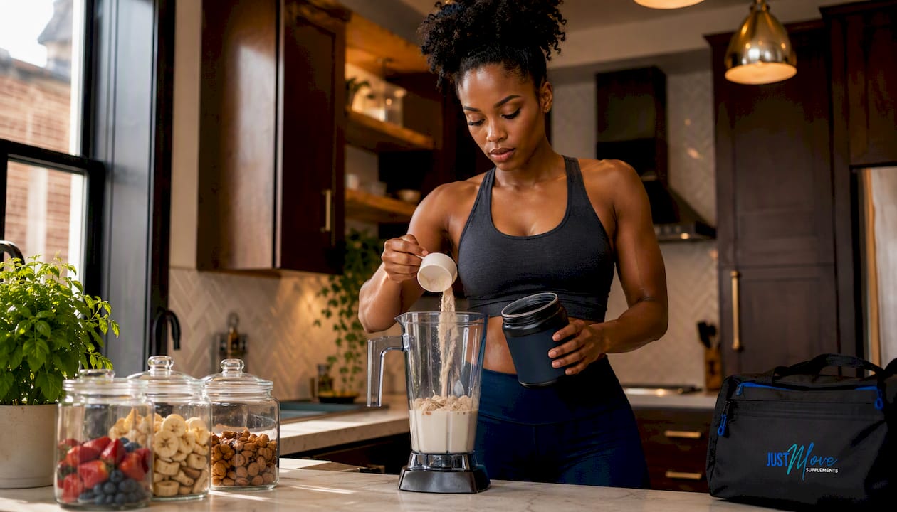 Black woman preparing protein shake at home