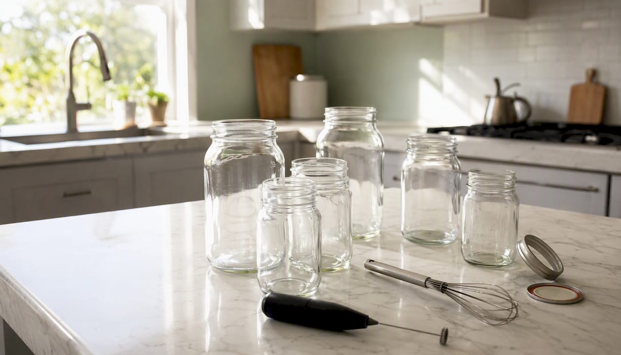 Mason jars and milk frother on kitchen counter