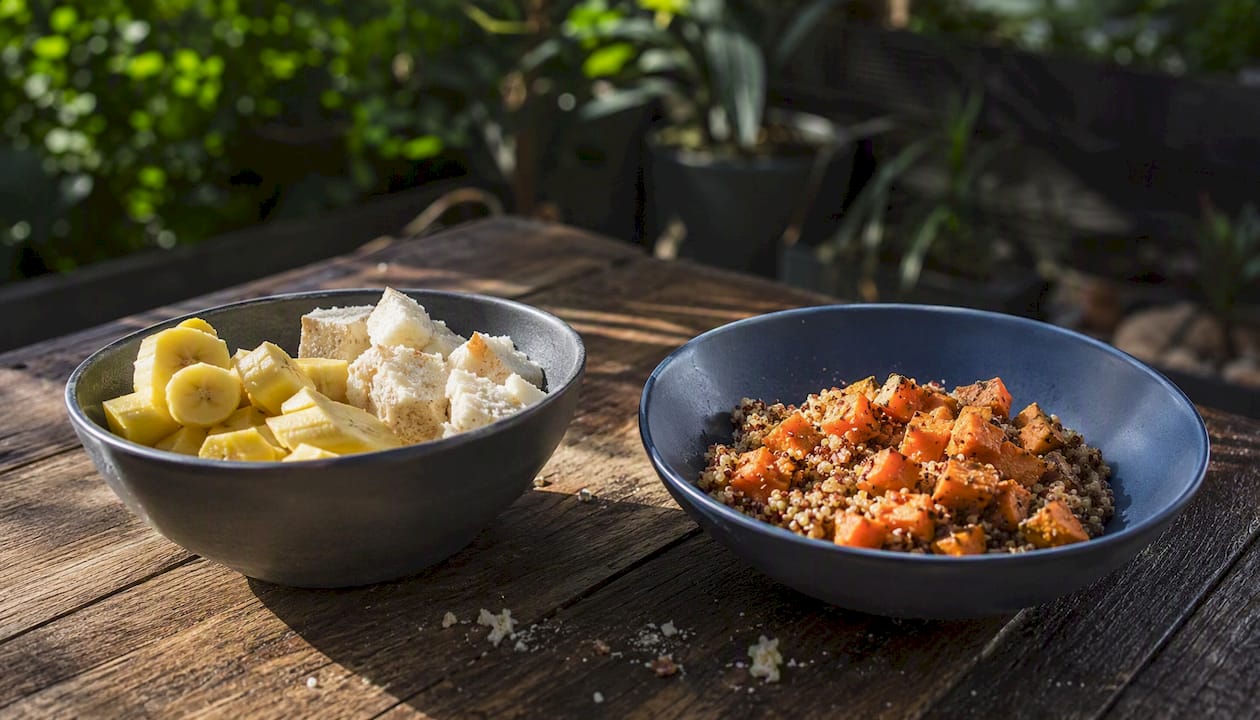 Bowls of simple and complex carbohydrates