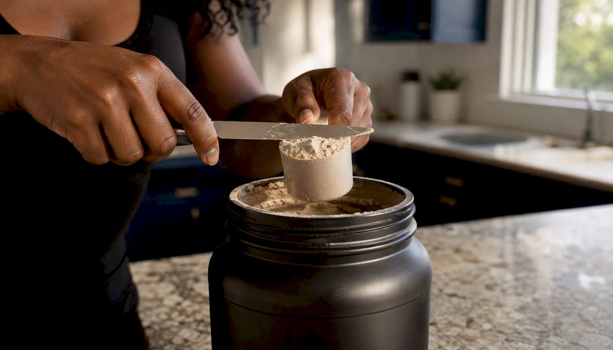 Hands leveling protein powder scoop with butter knife