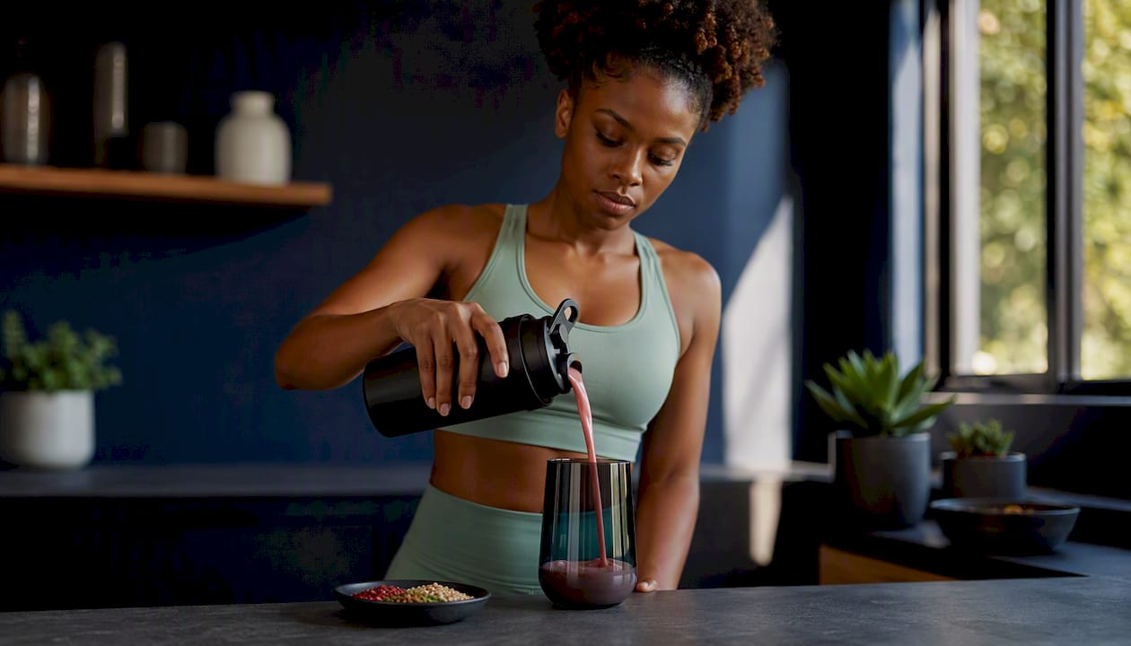 Pouring protein shake in modern kitchen
