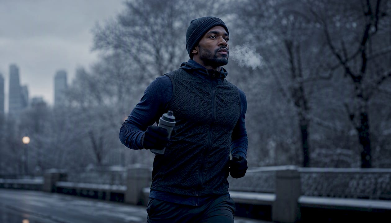 Fit black man focused outdoors in cold weather