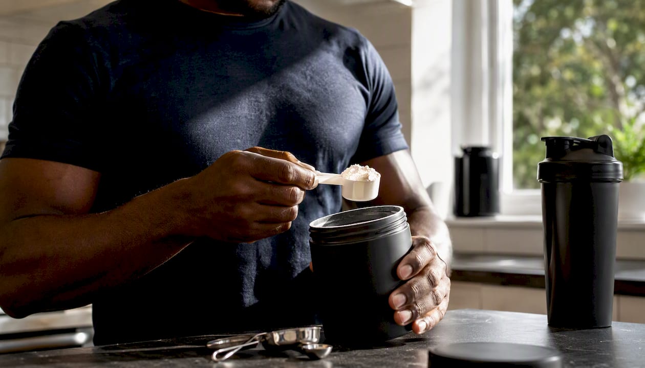Hands measuring supplement powder scoop