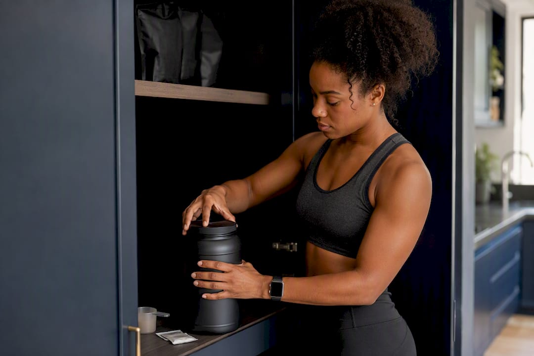 Woman sealing protein powder container in pantry