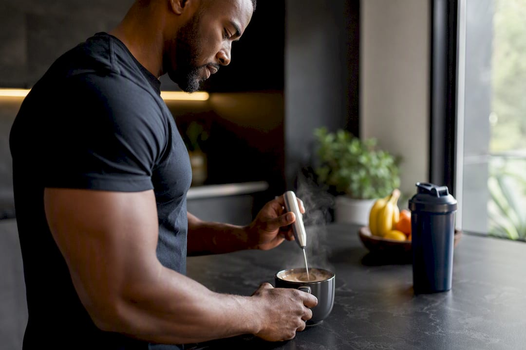 Hands whisking protein powder into coffee