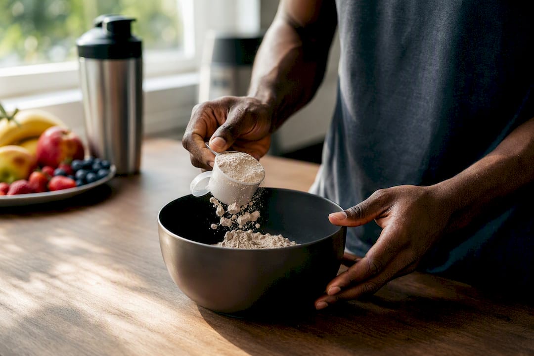 Hands measuring protein powder scoop in bowl