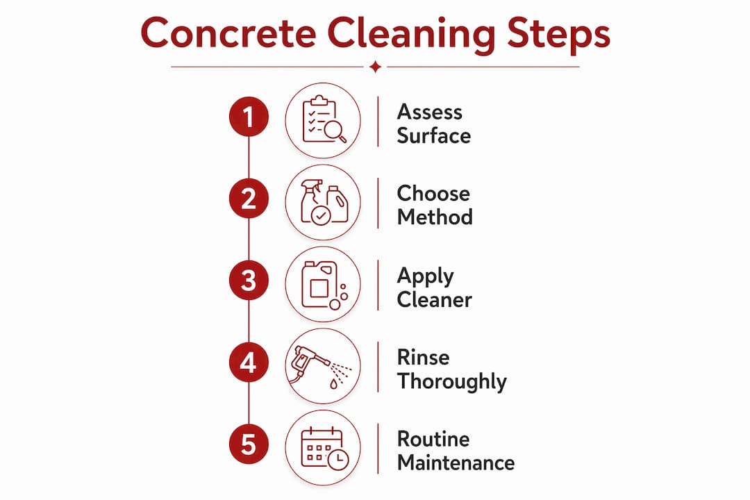 Infographic showing five-step commercial concrete cleaning process