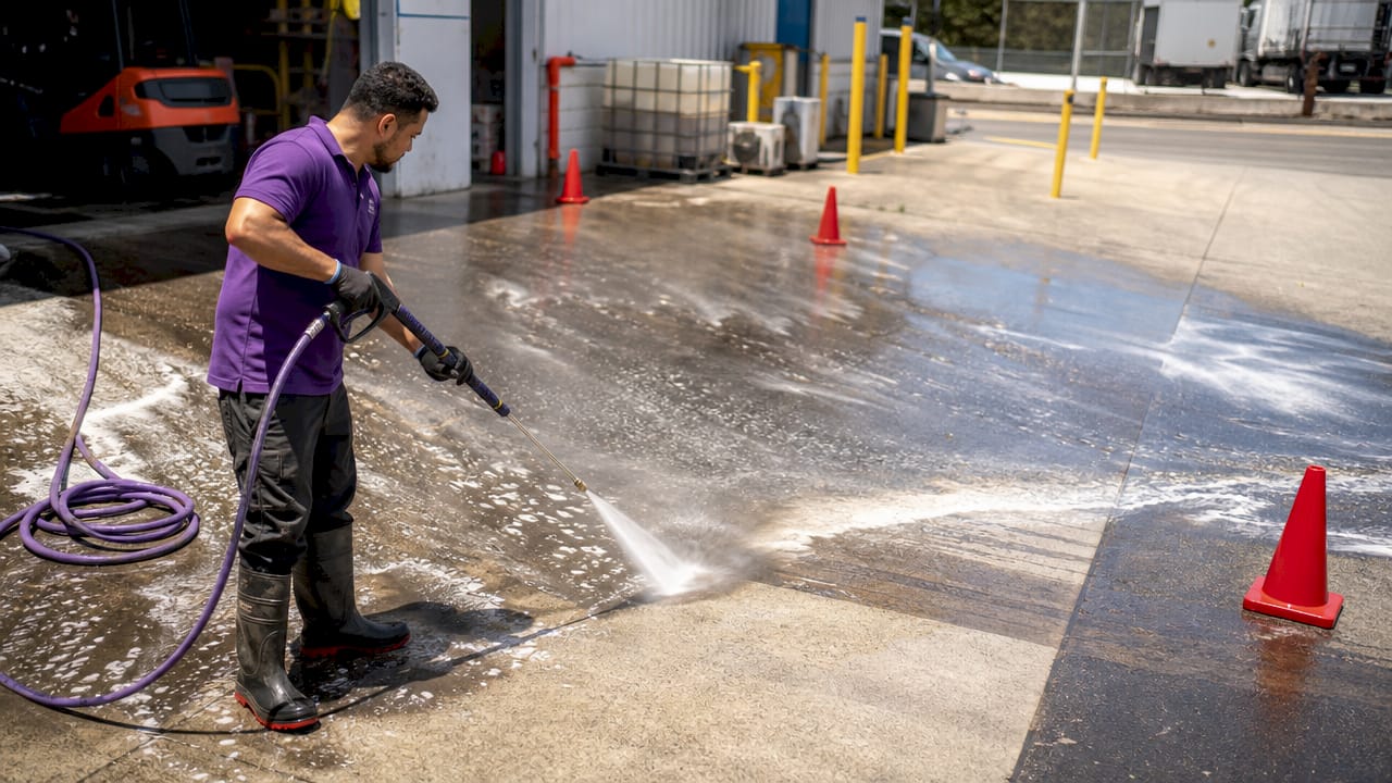 Close-up pressure washing oil stains on concrete sidewalk