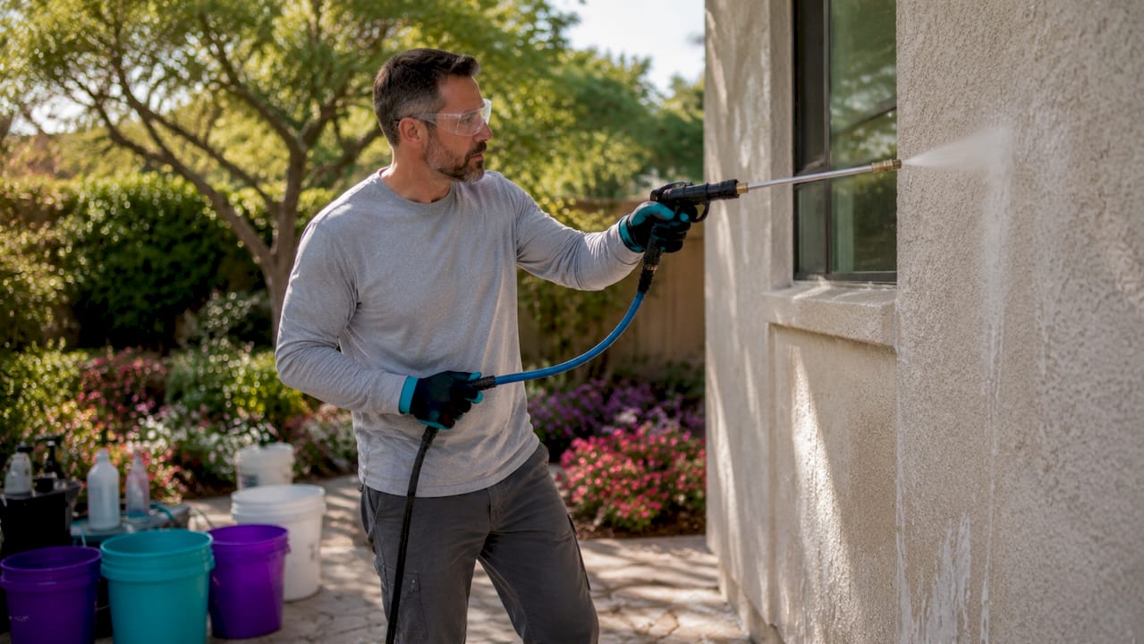 Technician applying soft wash cleaning solution