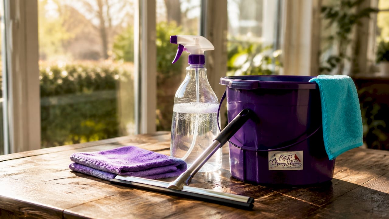 Professional window cleaning tools arranged neatly
