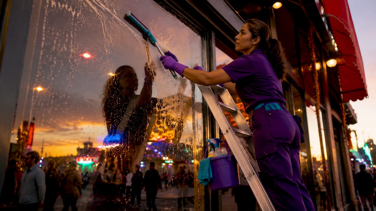 Professional woman cleaning storefront window