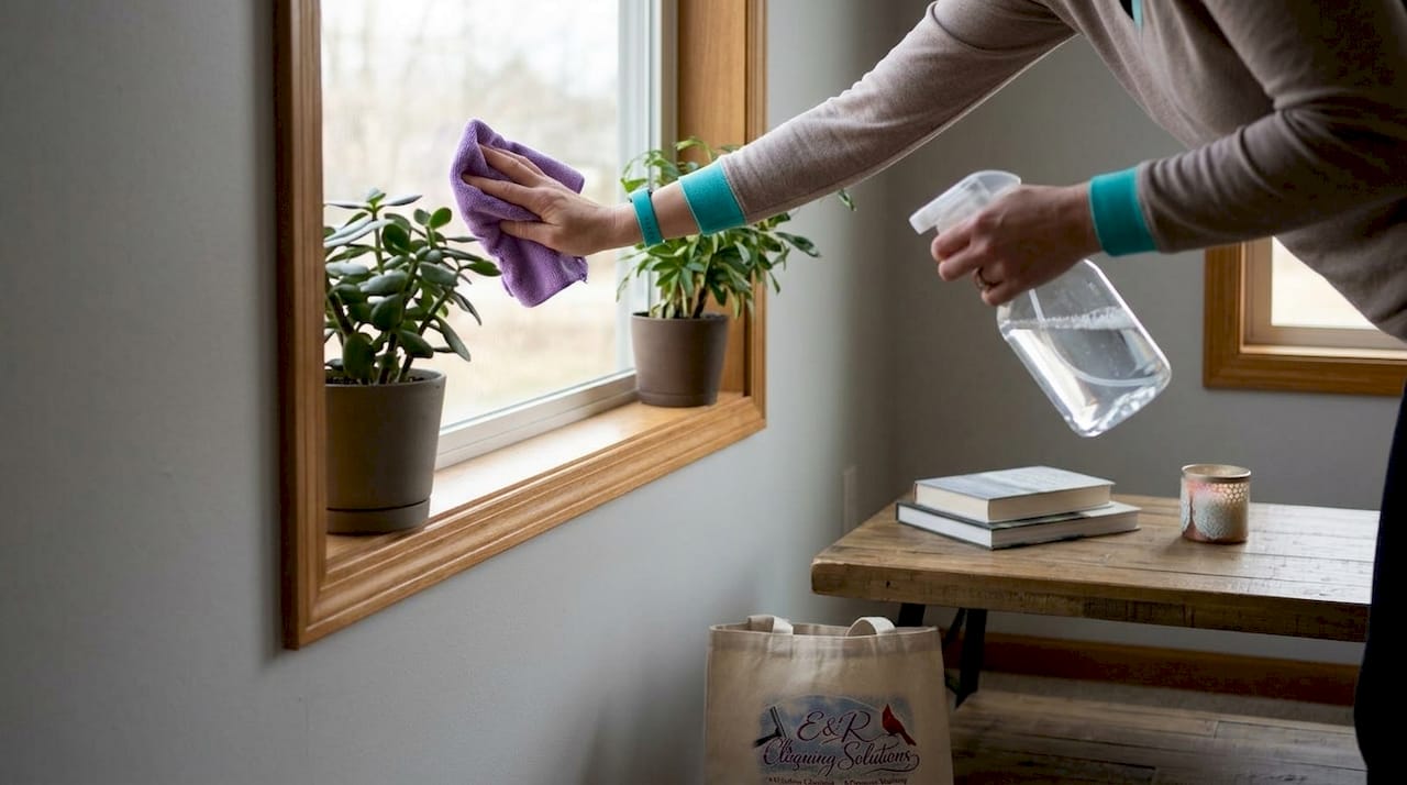 Hands cleaning interior kitchen window