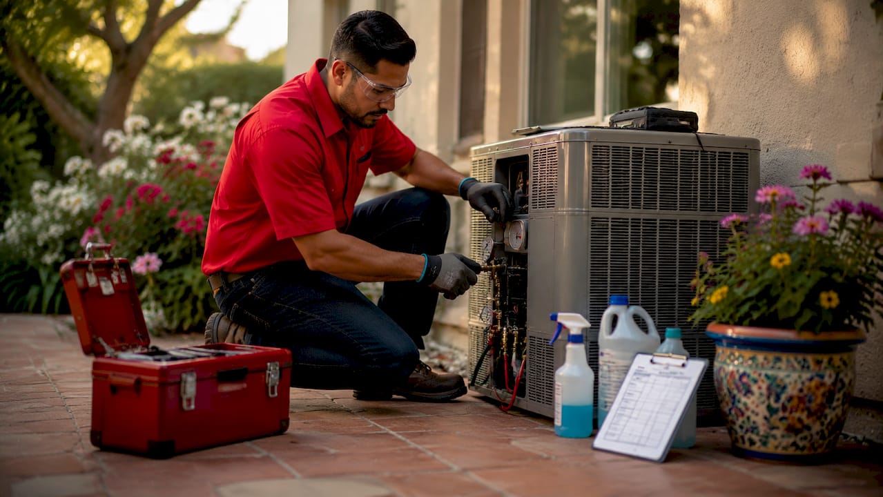 Hands adjusting HVAC unit during spring maintenance