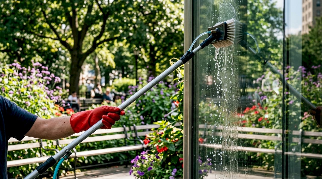 Hands using purified water pole on commercial windows